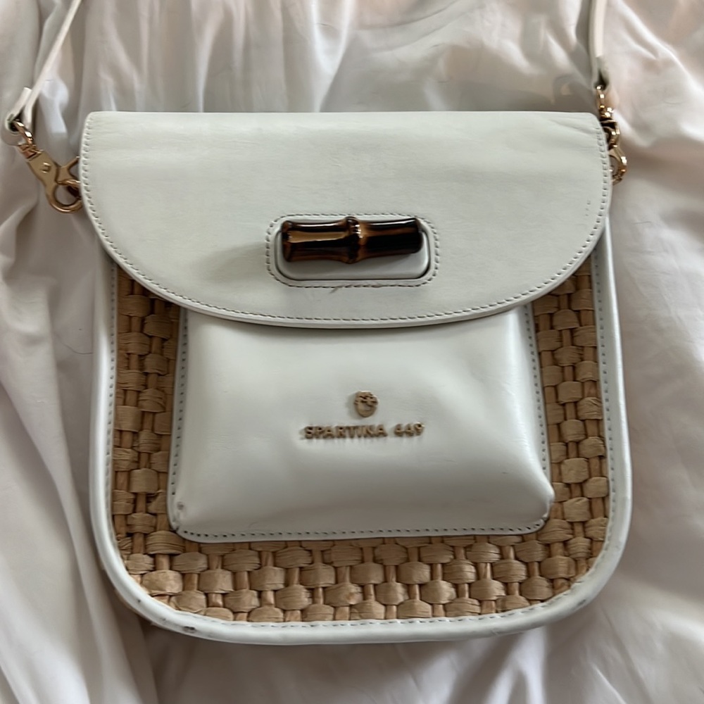 Spartina leather and straw crossbody bag